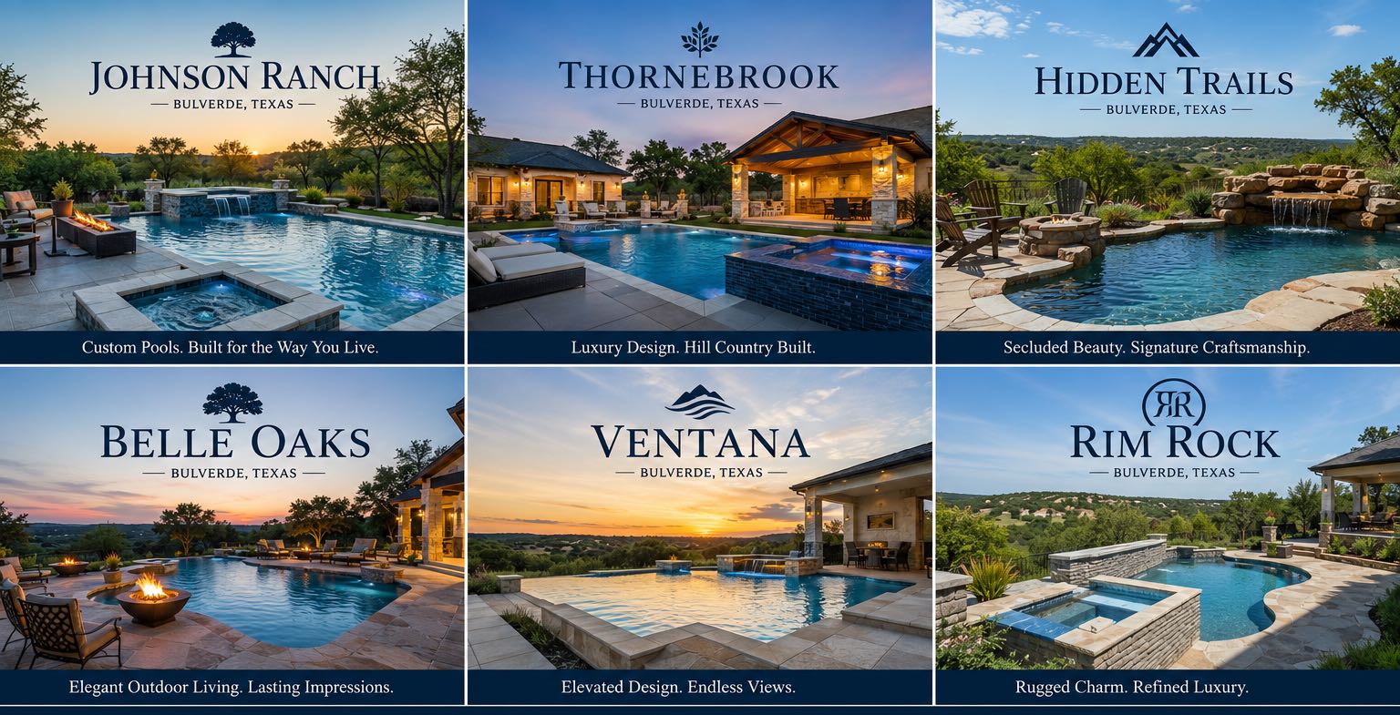 Custom gunite pools built by J. Oliver Pools in Johnson Ranch, Thornebrook, Hidden Trails, Belle Oaks, Ventana, and Rim Rock in Bulverde, Texas