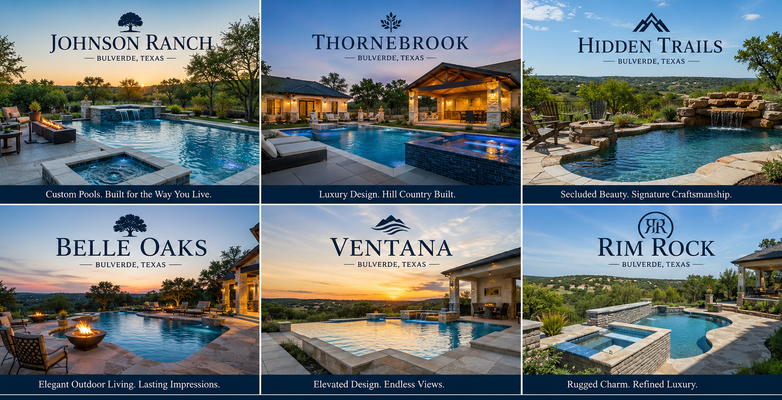 Custom gunite pools built by J. Oliver Pools in Johnson Ranch, Thornebrook, Hidden Trails, Belle Oaks, Ventana, and Rim Rock in Bulverde, Texas