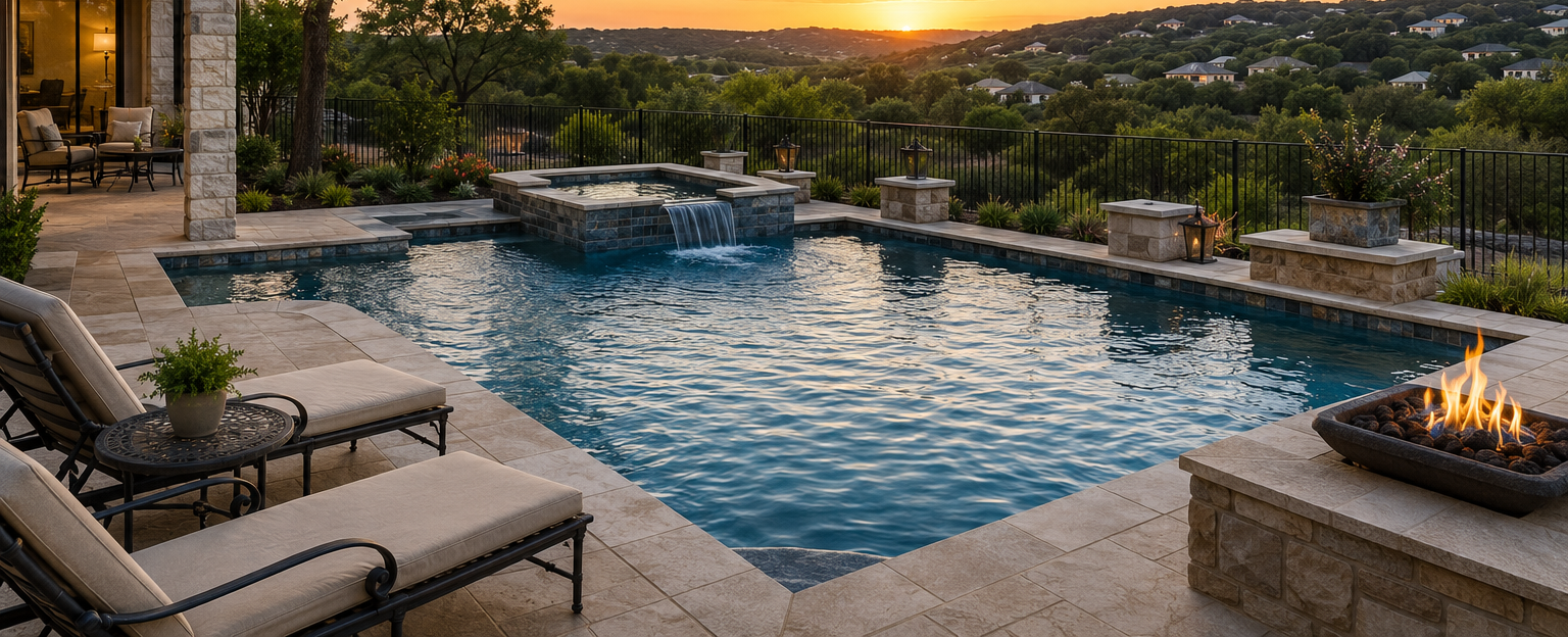 Custom gunite pool with spa and fire pit overlooking the Hill Country in Johnson Ranch, Bulverde TX