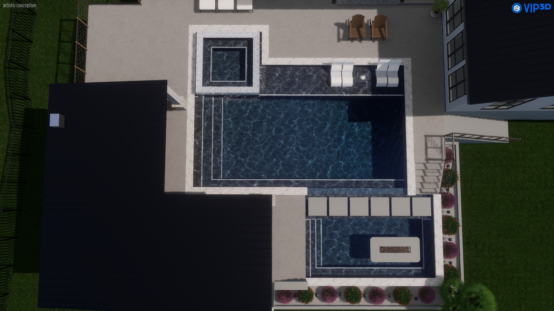 Photorealistic 3D rendering of a custom J. Oliver Pools backyard — pool, raised spa, and outdoor living layout shown before construction begins