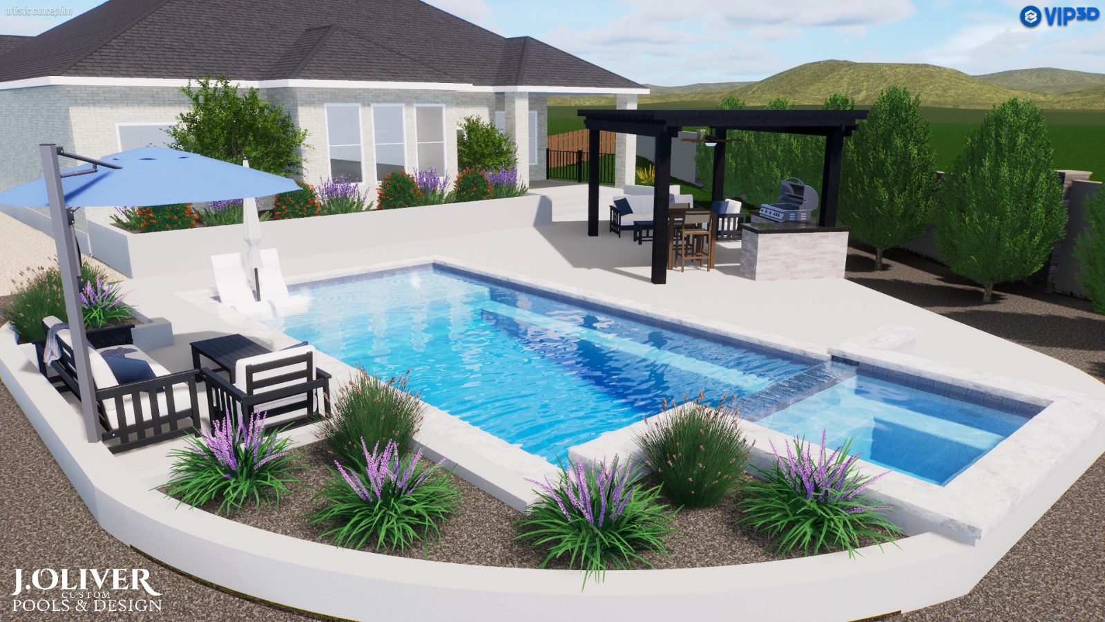 3D custom pool and spa design rendering with pergola and outdoor kitchen by J. Oliver Pools