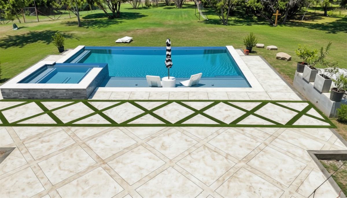 Wider aerial view of the finished pool and stone patio set against the open acreage and mature trees of the Rim Rock Ranch property