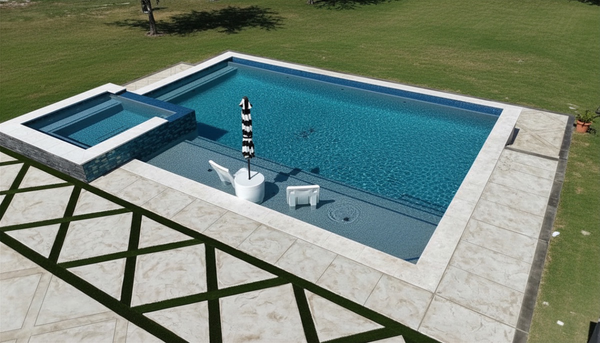 Aerial view of a rectangular custom gunite pool with raised spa, sheer-descent spillway, and a cut-stone patio bordered by a diamond-pattern turf accent, built by J. Oliver Pools in the Rim Rock Ranch neighborhood of Bulverde, Texas